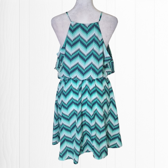 My Michelle Women's Blue Green Chevron Spaghetti Strap Mini Dress Size Large - Picture 8 of 11